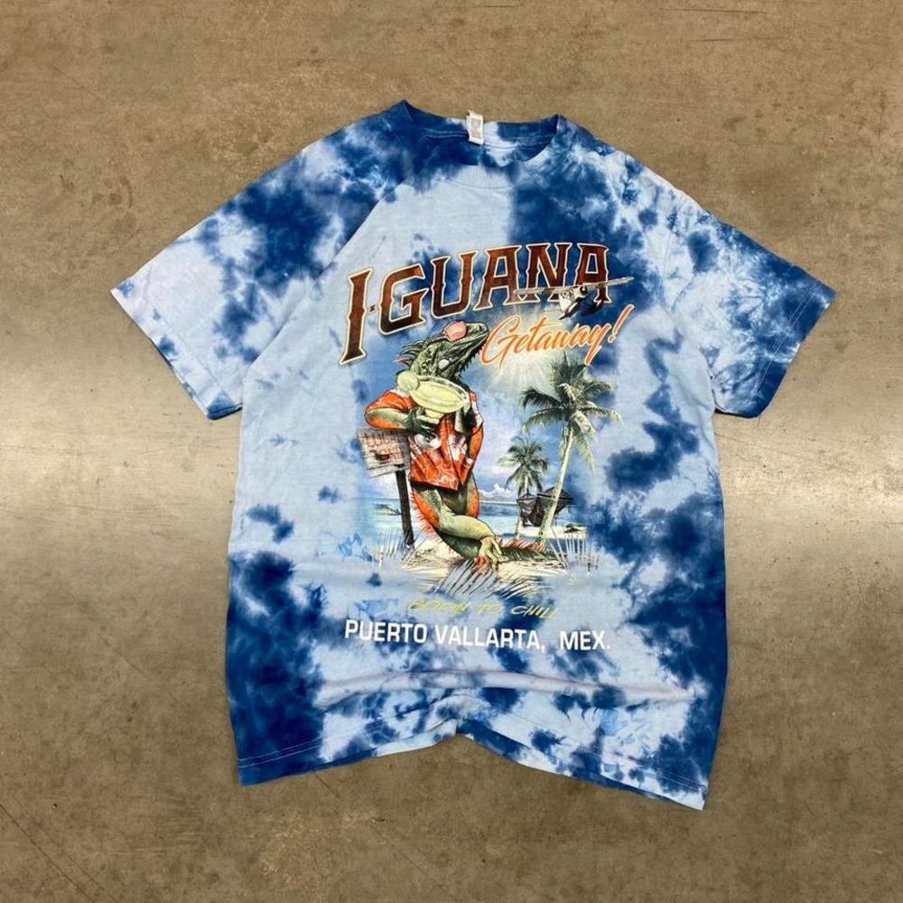 Y2K Iguana Puerto Vallarta Mexico Blue White Graphic T-Shirt size‎ M